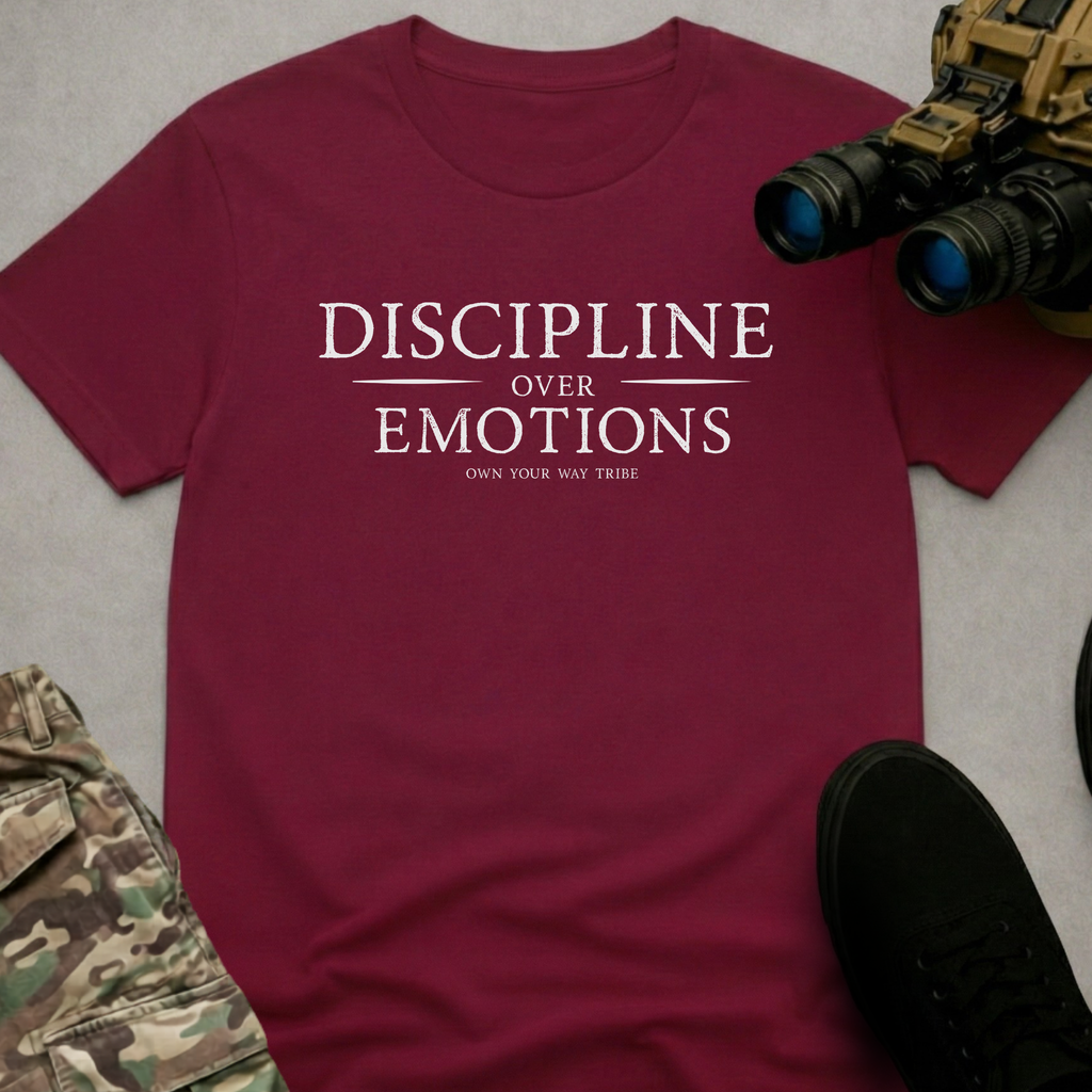 A maroon short-sleeve crewneck t-shirt with the text 'DISCIPLINE OVER EMOTIONS' and 'OWN YOUR MAY TRIBE' printed in white on the chest. The shirt is styled in a flat-lay arrangement with tactical gear props, including binoculars, camouflage pants, and a black shoe, on a light gray textured background.