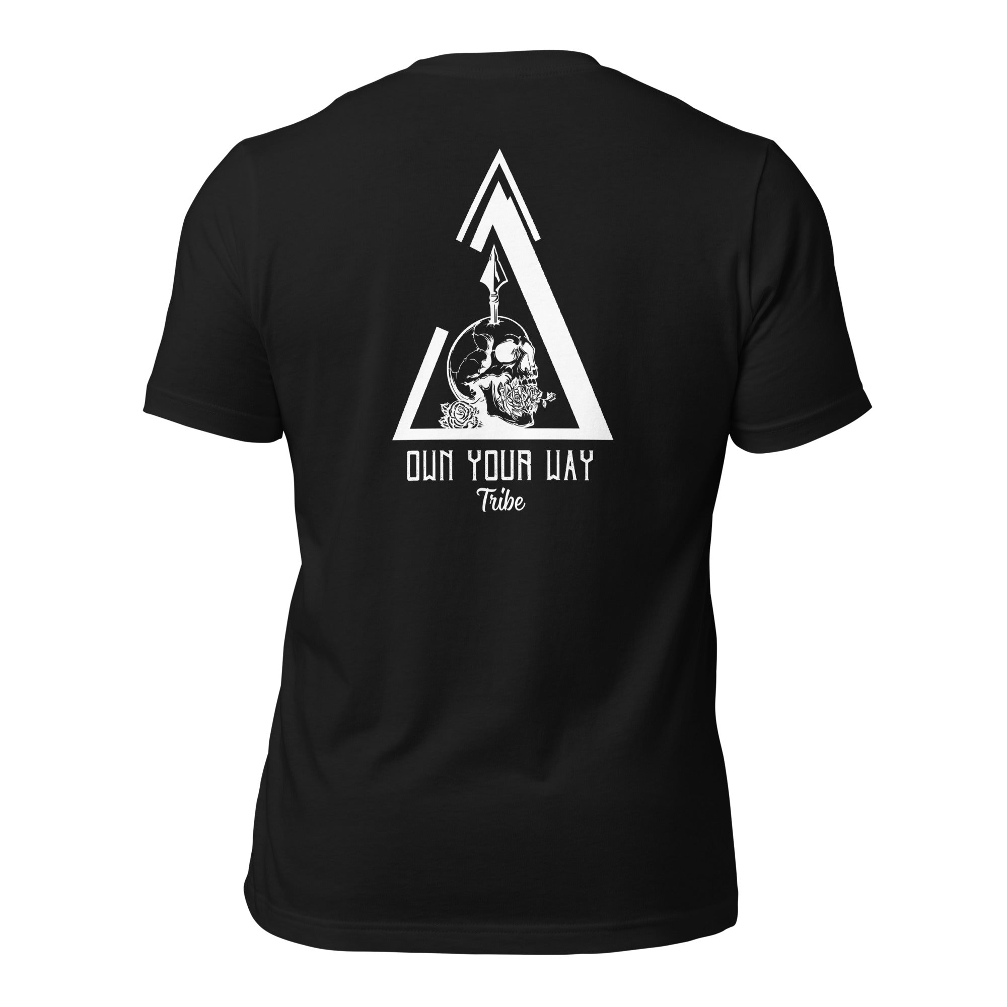 Black and white "Own Your Way Tribe" t-shirt for tactical dark art enthusiasts. Skull in open delta triangle