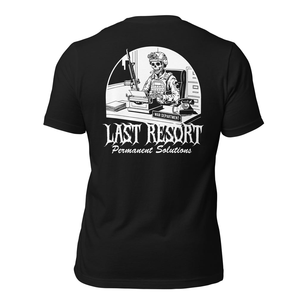 Black and white "war department" tshirt for tactical dark art enthusiasts with a skeleton soldier at a desk